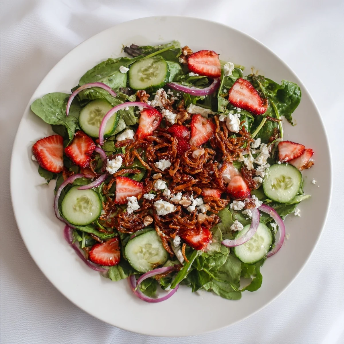 Vibrant strawberry crunch salad featuring sweet sliced berries, cucumber, and feta with crunchy pecan topping