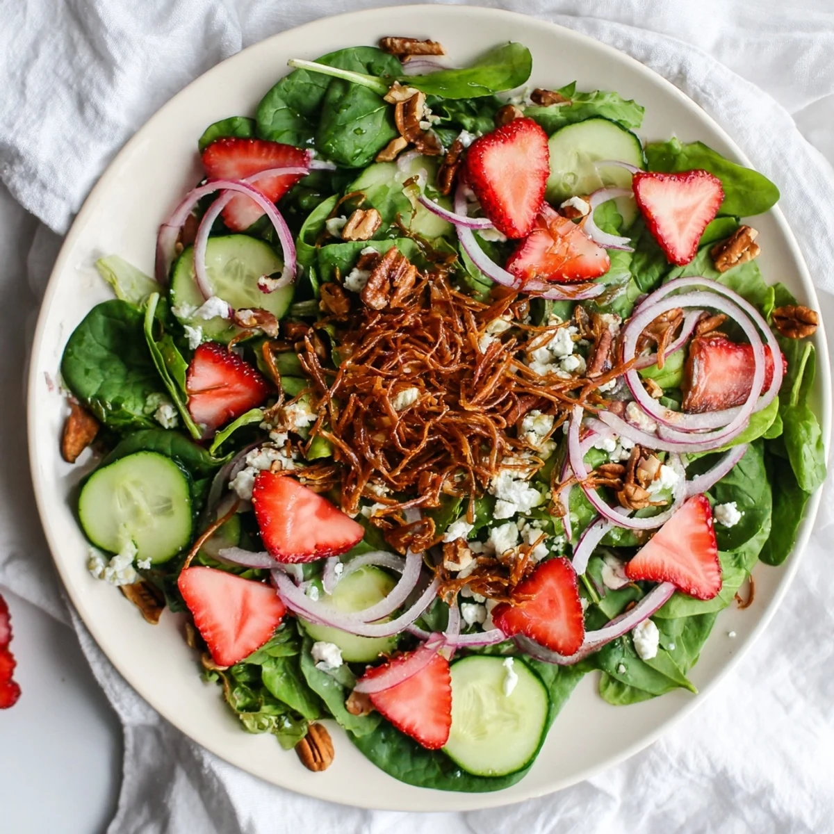 Colorful bowl of strawberry crunch salad dressed with balsamic honey vinaigrette and savory pretzel crumbles