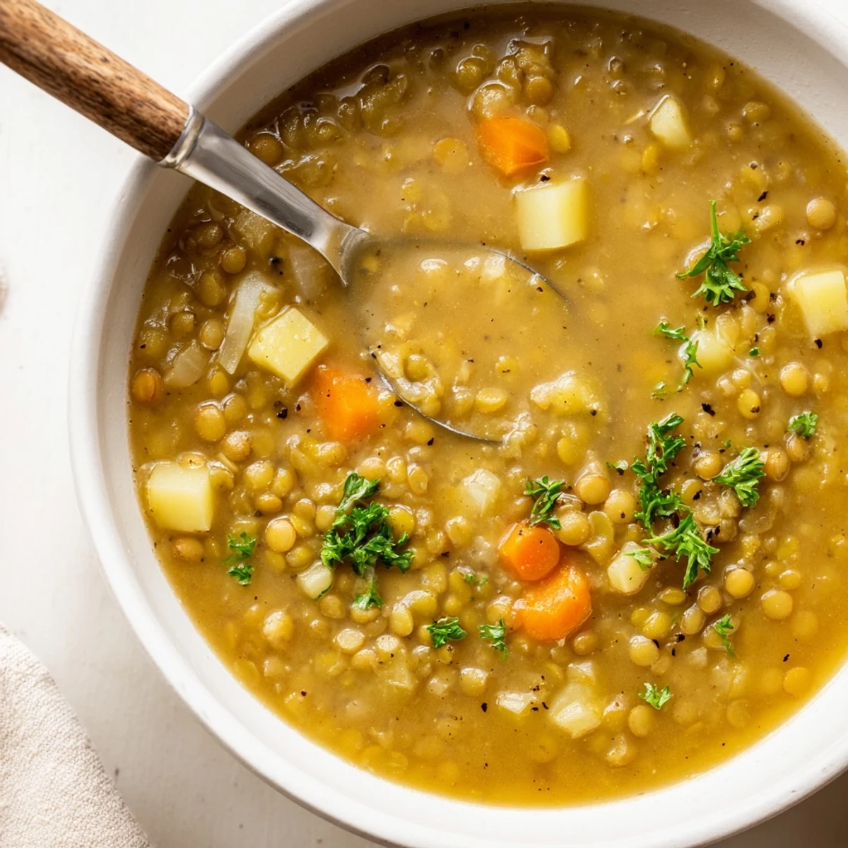 Creamy hearty split pea soup with tender chunks of vegetables and fresh parsley garnish in a rustic bowl