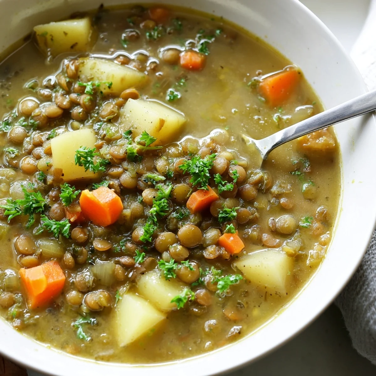 Golden hearty split pea soup ladled into white bowls with fresh parsley sprinkled on top for serving