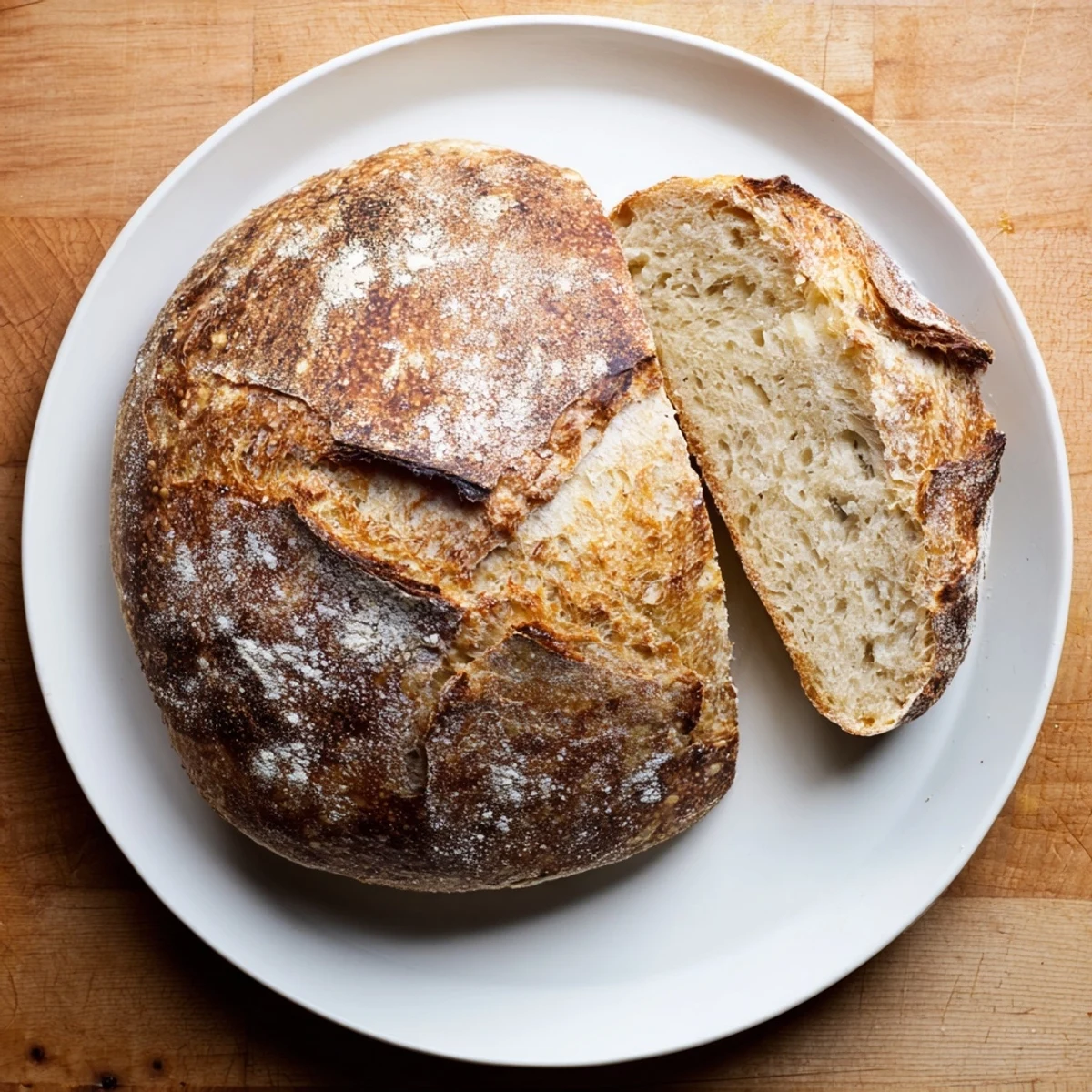 Rustic artisan no knead bread with golden crust and soft chewy interior slices on wooden board
