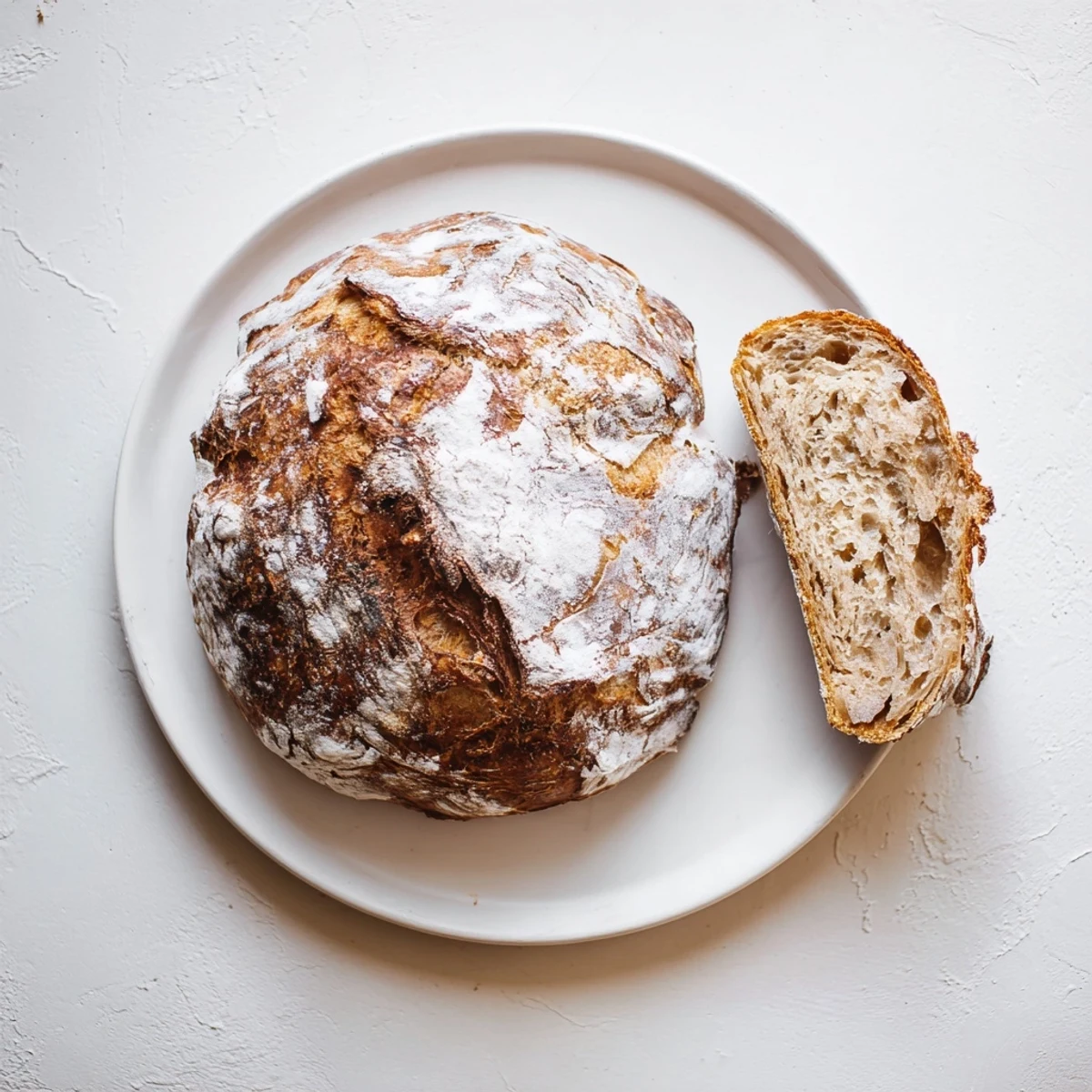 Golden brown artisan no knead bread broken into pieces revealing airy interior texture