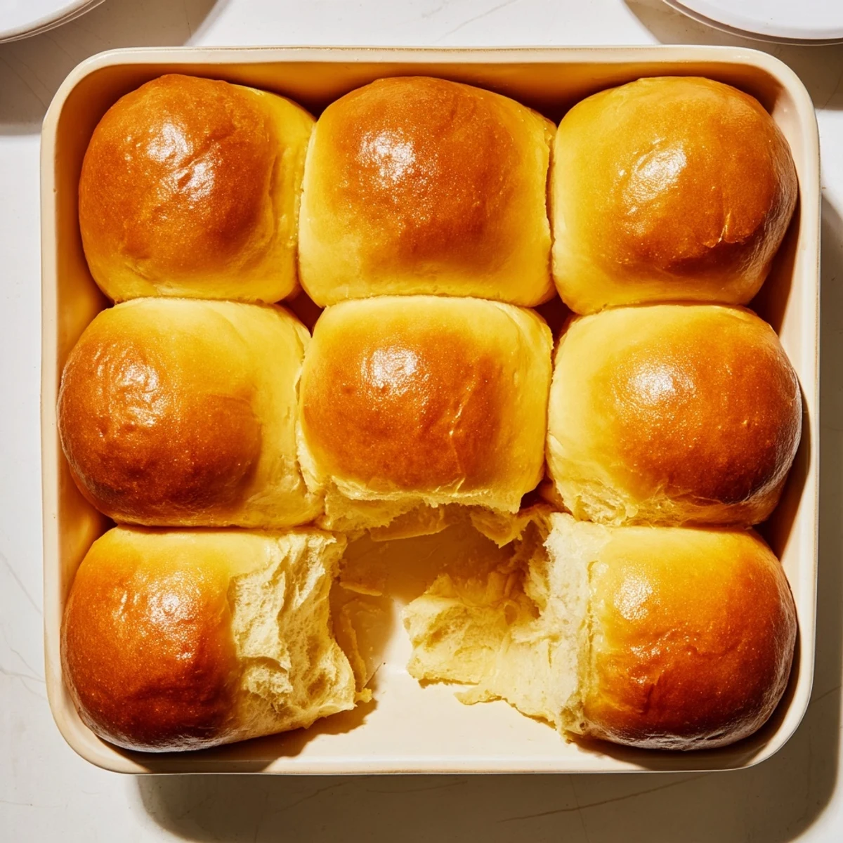 Golden homemade buttery bliss brioche rolls arranged in a baking pan, freshly baked with glossy egg-washed tops