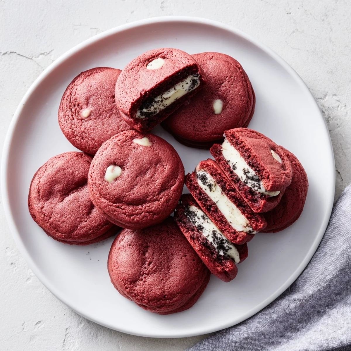 Freshly baked homemade red velvet Oreo cookies with creamy white filling on a wire cooling rack