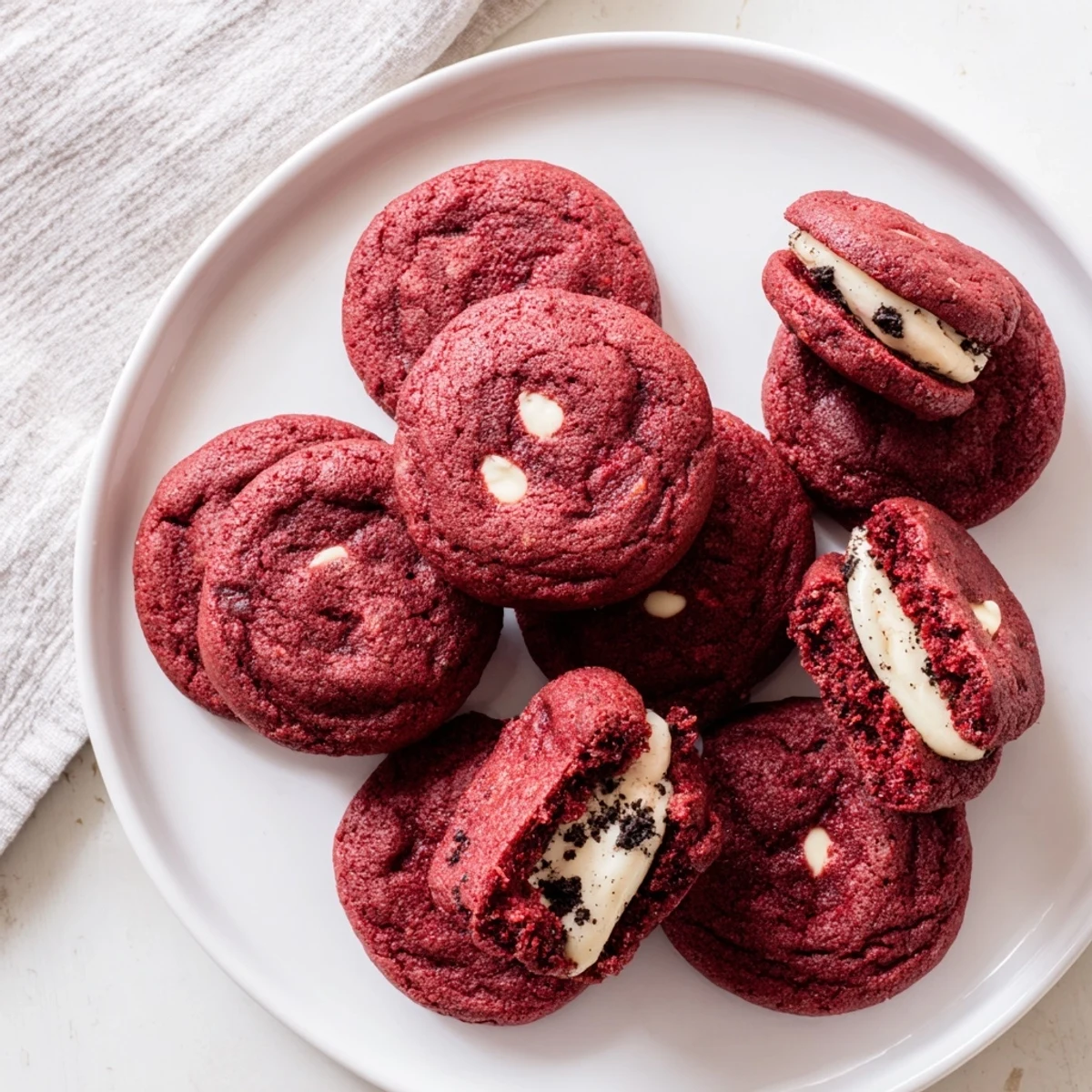 Chewy red velvet stuffed cookies revealing Oreo cream filling and white chocolate chips on a white plate