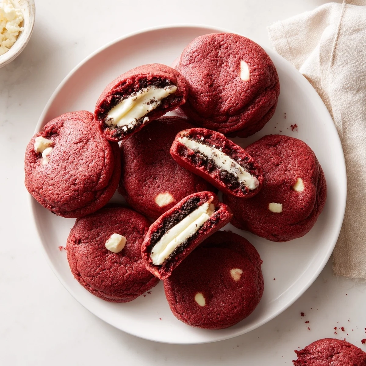 Baked homemade red velvet Oreo cookies with chocolate cookie pieces sprinkled over the cream filling