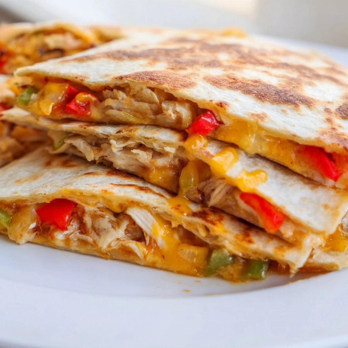Golden chicken quesadillas with melted cheese and colorful bell peppers served on a white plate
