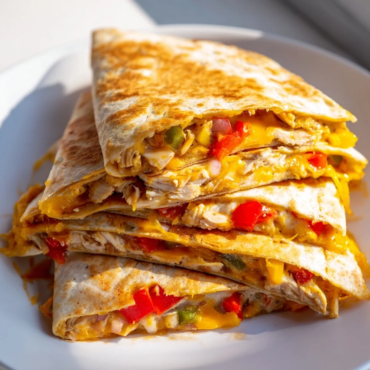 Homemade chicken quesadillas featuring red and green peppers with bubbling cheddar cheese inside