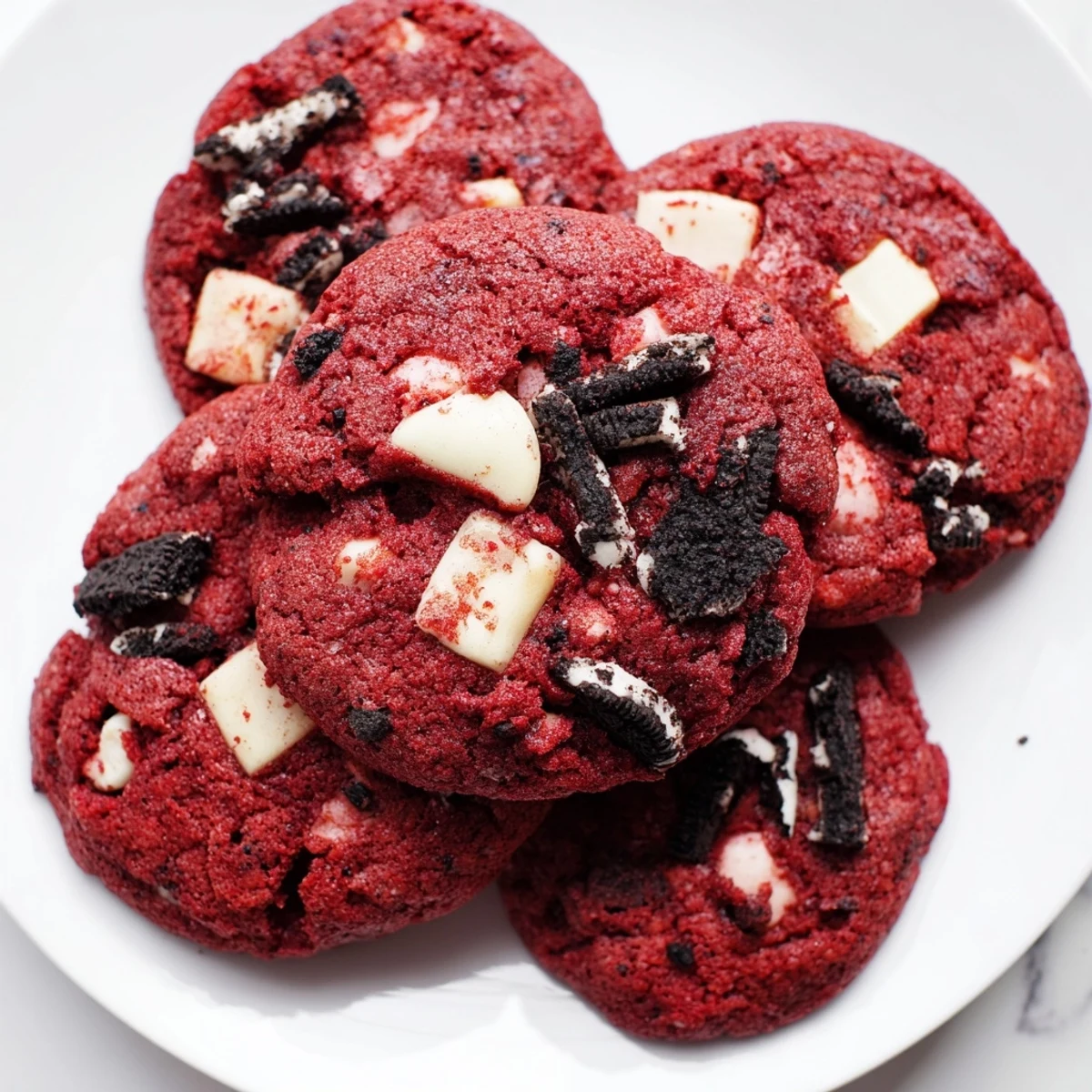 Soft red velvet Oreo cookies studded with white chocolate chips on a white plate