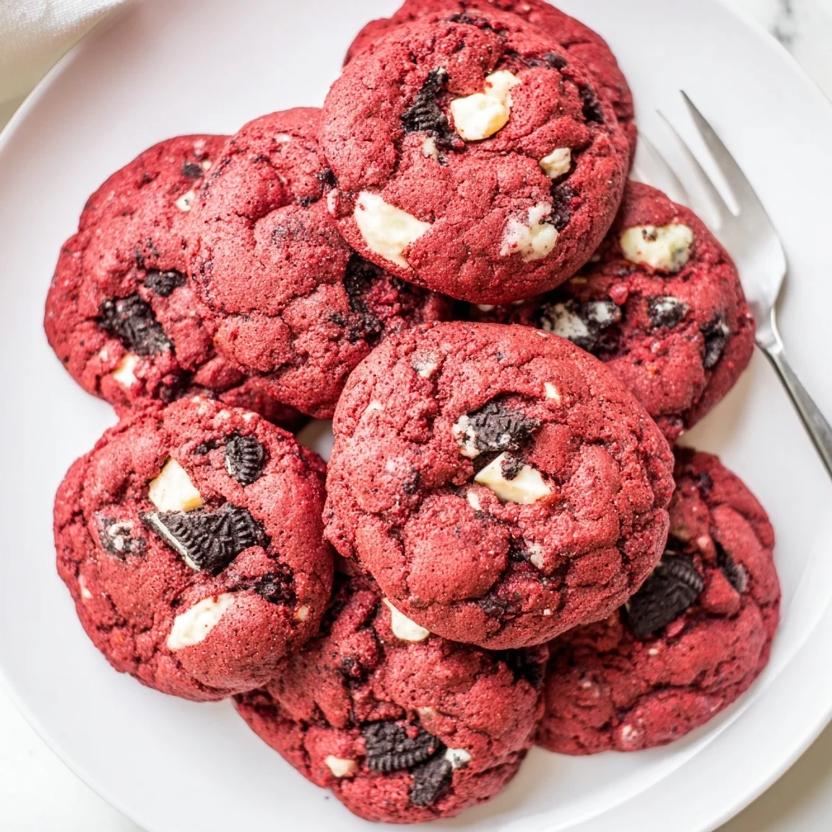 Chewy red velvet Oreo cookies featuring chunks of chocolate sandwich cookies and creamy white chips