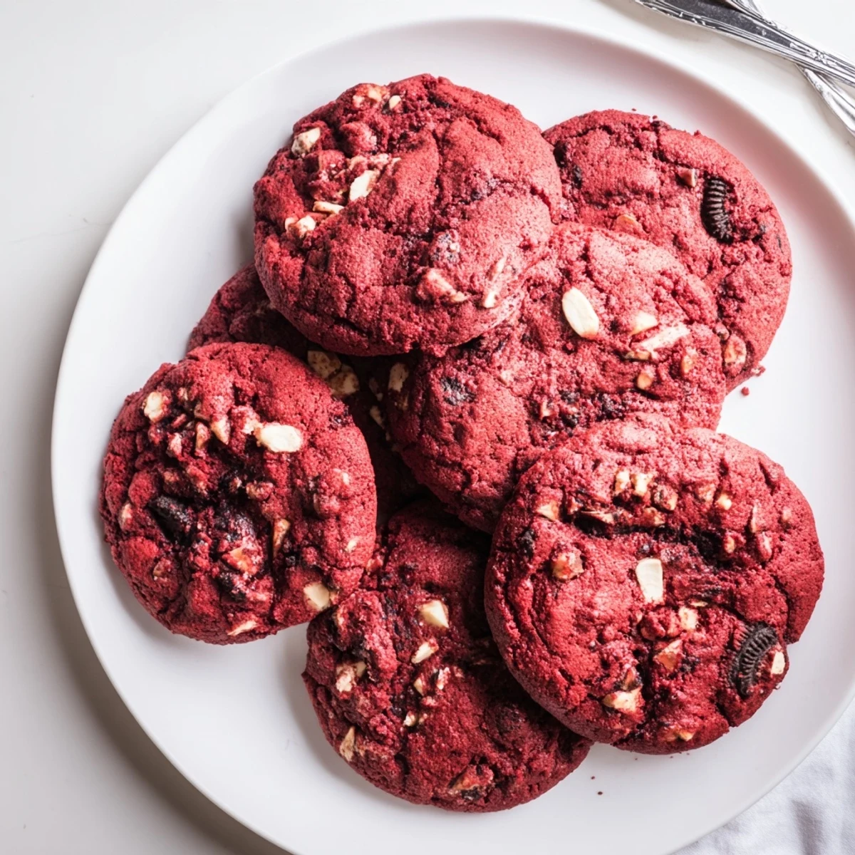 Freshly baked red velvet Oreo cookies with golden edges and visible Oreo pieces throughout