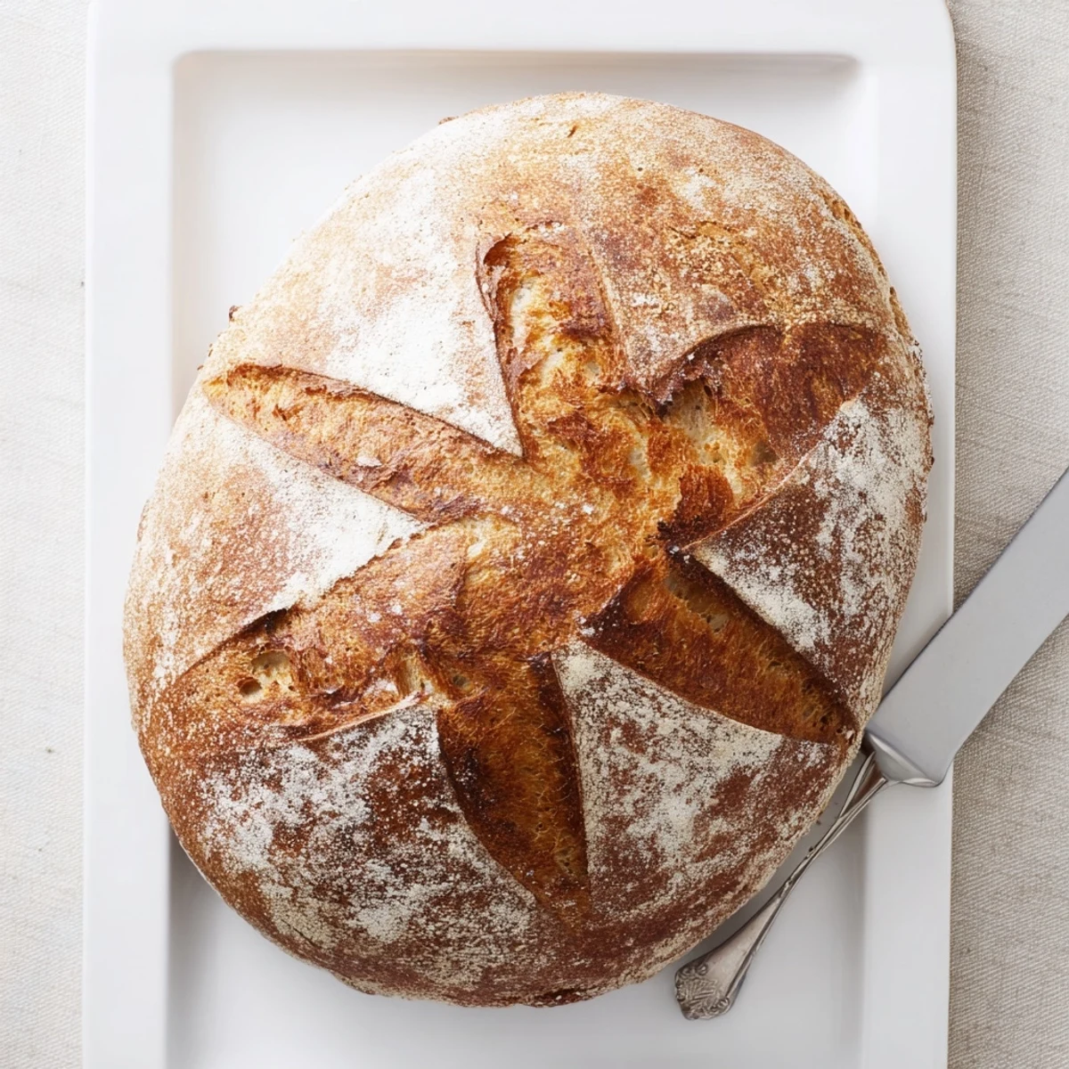 Freshly baked easy rustic bread scored top cooling on wire rack
