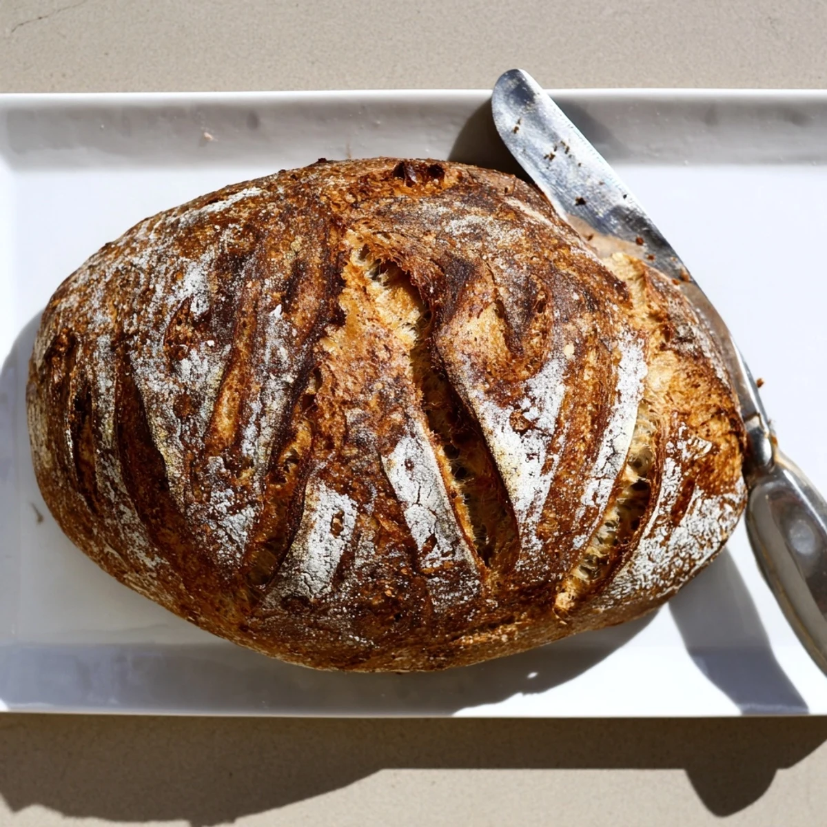 Golden brown easy rustic bread loaf with crispy crust and chewy interior