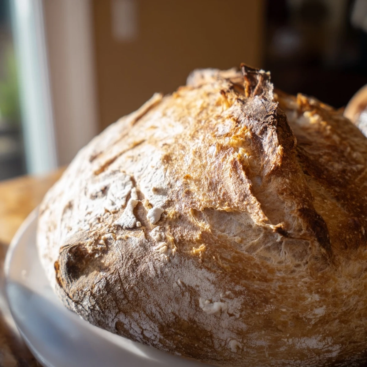 Freshly baked crusty bread cooling on rack with deep golden-brown, artisan-style crackling crust