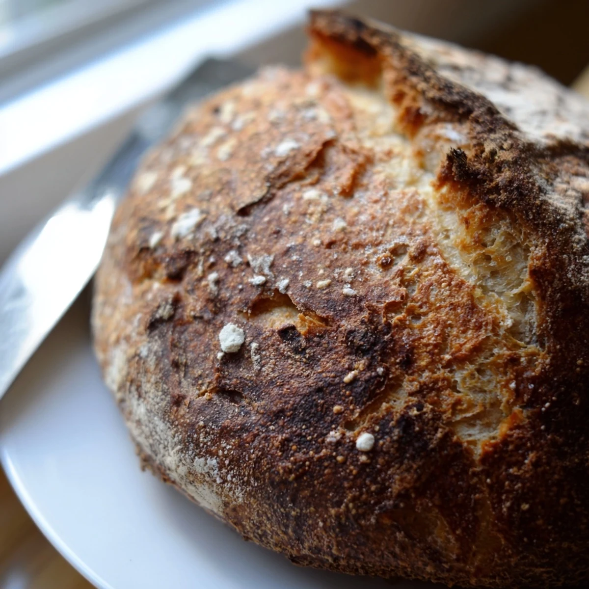 Golden crusty bread loaf with crackling surface and airy interior, sliced on wooden board