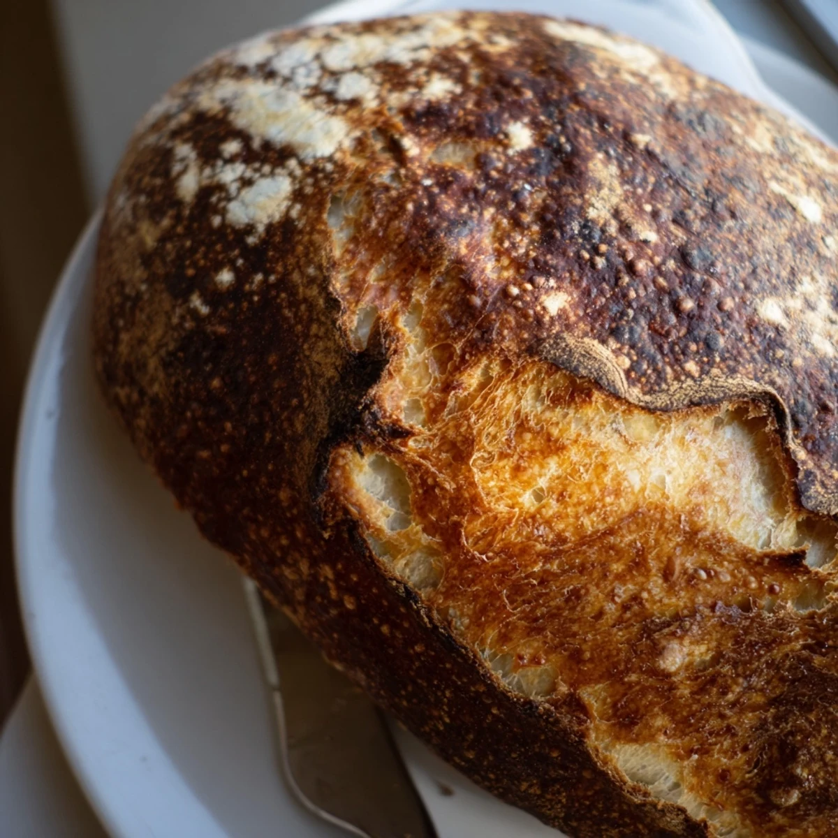Rustic crusty bread broken open revealing chewy texture, perfect for soups or butter