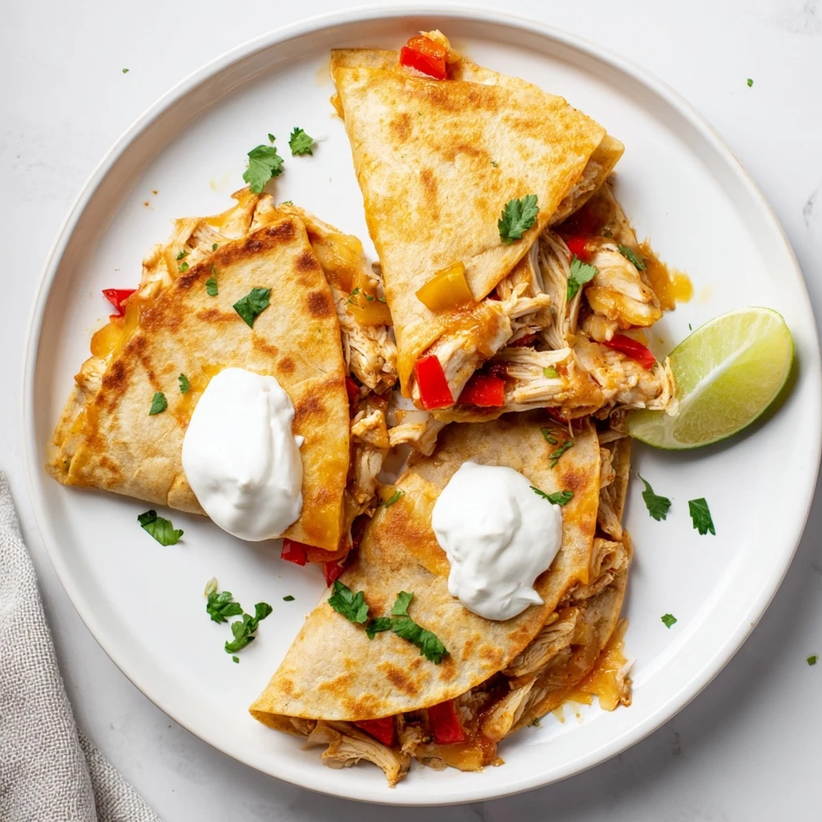 Golden brown crispy chicken quesadillas sliced into wedges garnished with fresh cilantro and sour cream