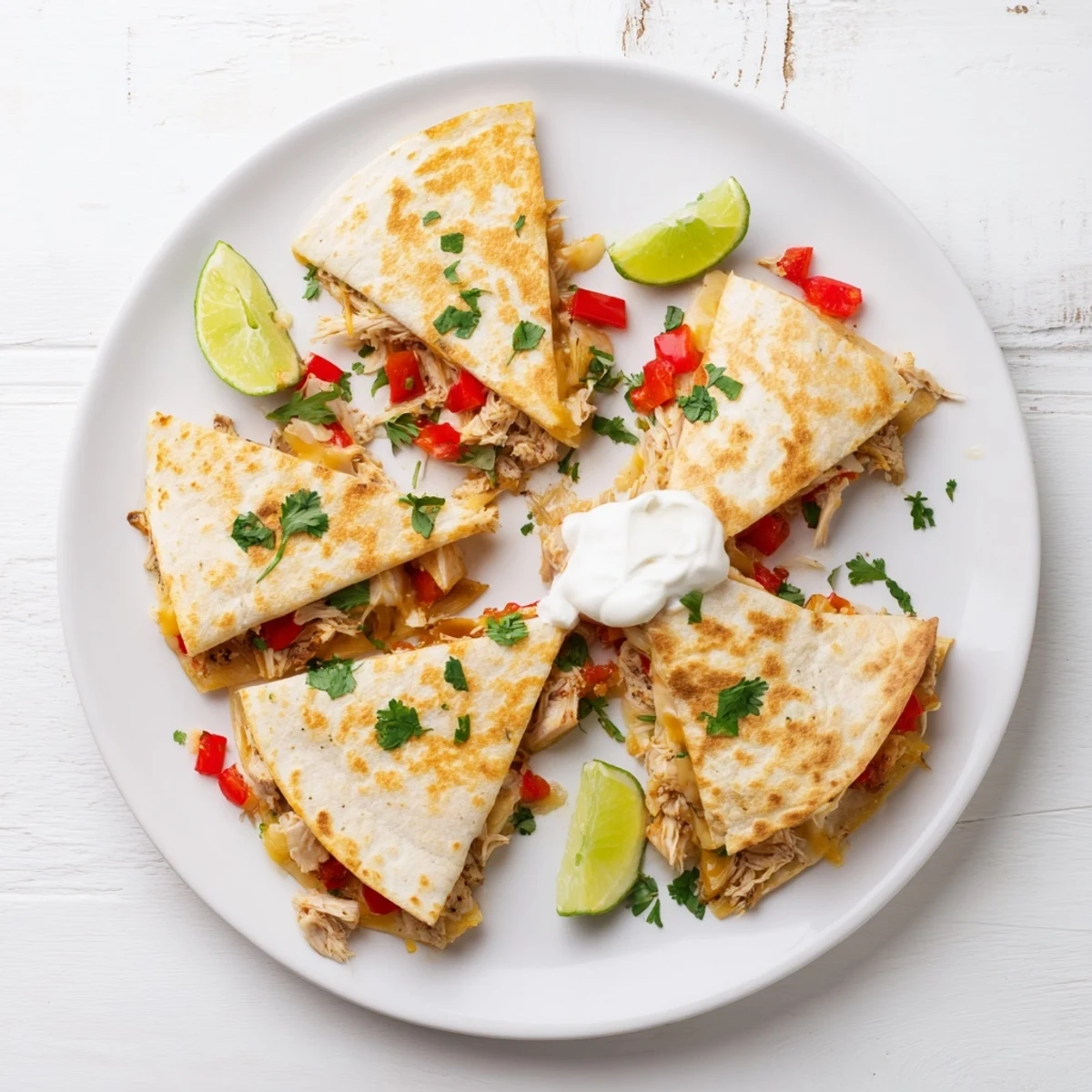Mouthwatering Mexican-American quesadillas featuring crunchy tortilla layers stuffed with seasoned chicken and vegetables