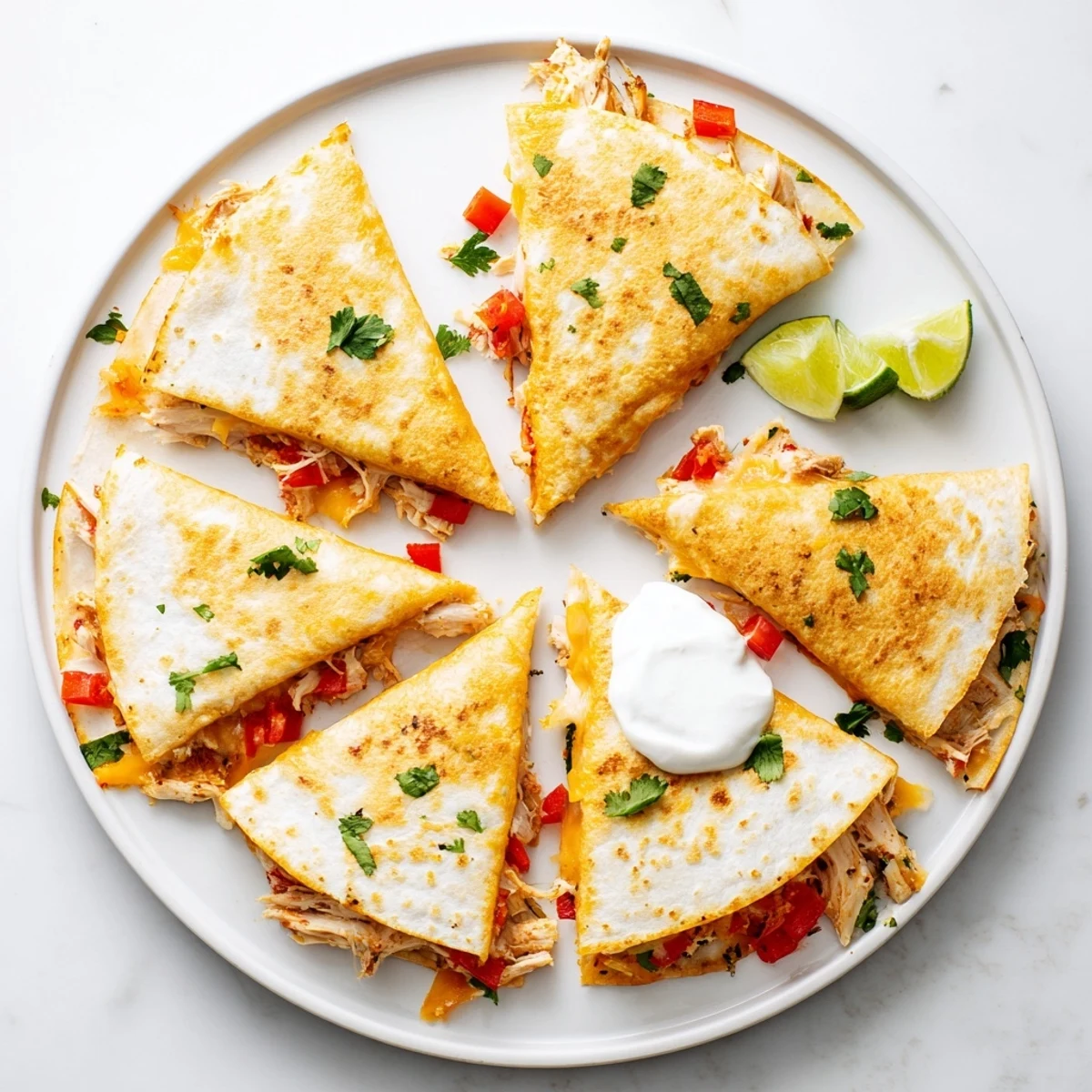 Pan-fried flour tortillas bubbling with melted Monterey Jack cheese and spiced shredded chicken filling
