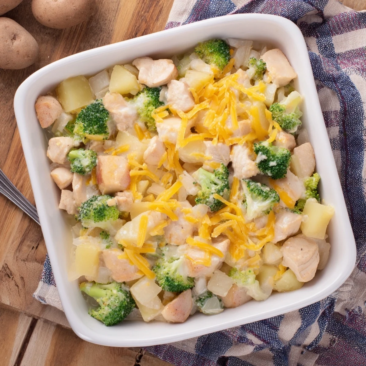 Golden baked potato chicken broccoli casserole with melted cheddar cheese topping