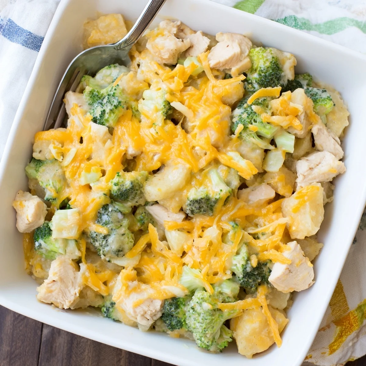 Creamy potato chicken broccoli casserole fresh from the oven bubbling with cheese