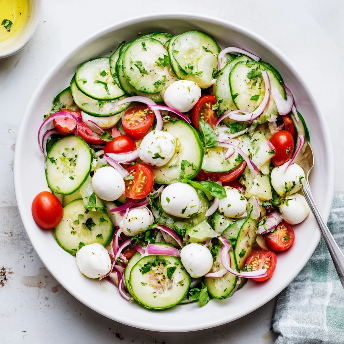 Fresh cucumber mozzarella salad with cherry tomatoes and basil herb dressing