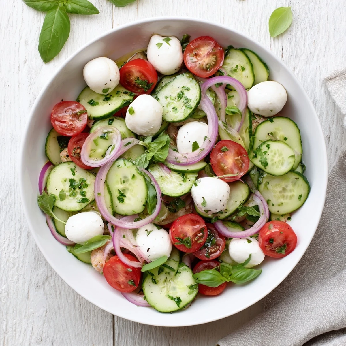 Crisp cucumber mozzarella salad bowl featuring tangy white wine vinegar dressing