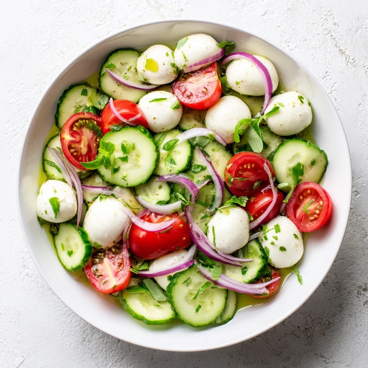 Mediterranean cucumber mozzarella salad served with fresh herbs and red onion