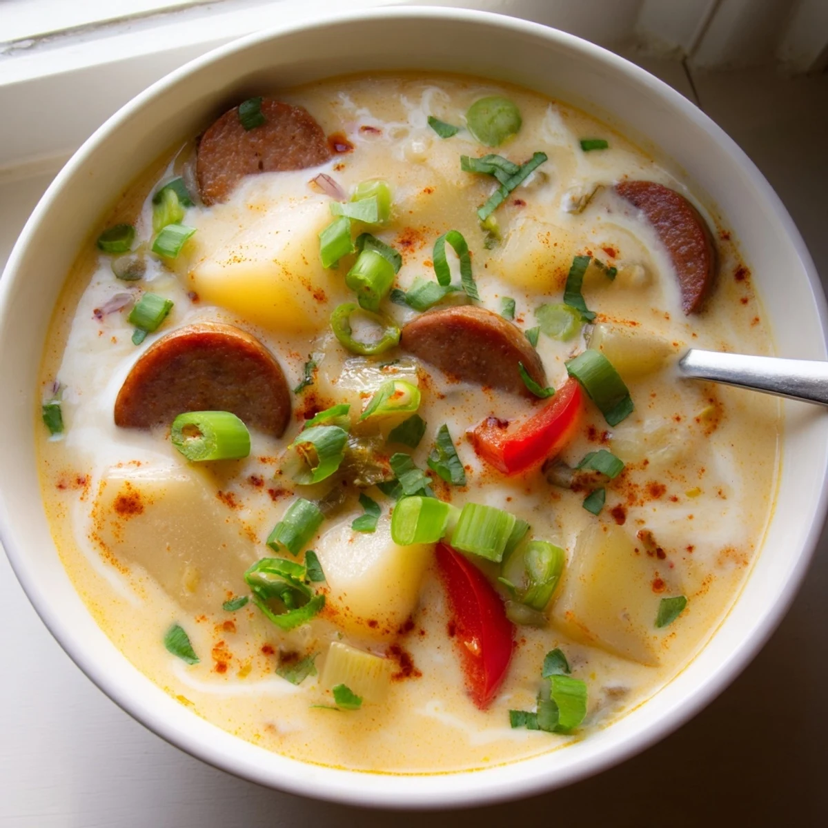 Creamy Cajun potato soup bowl topped with sliced andouille sausage and fresh green onion garnish