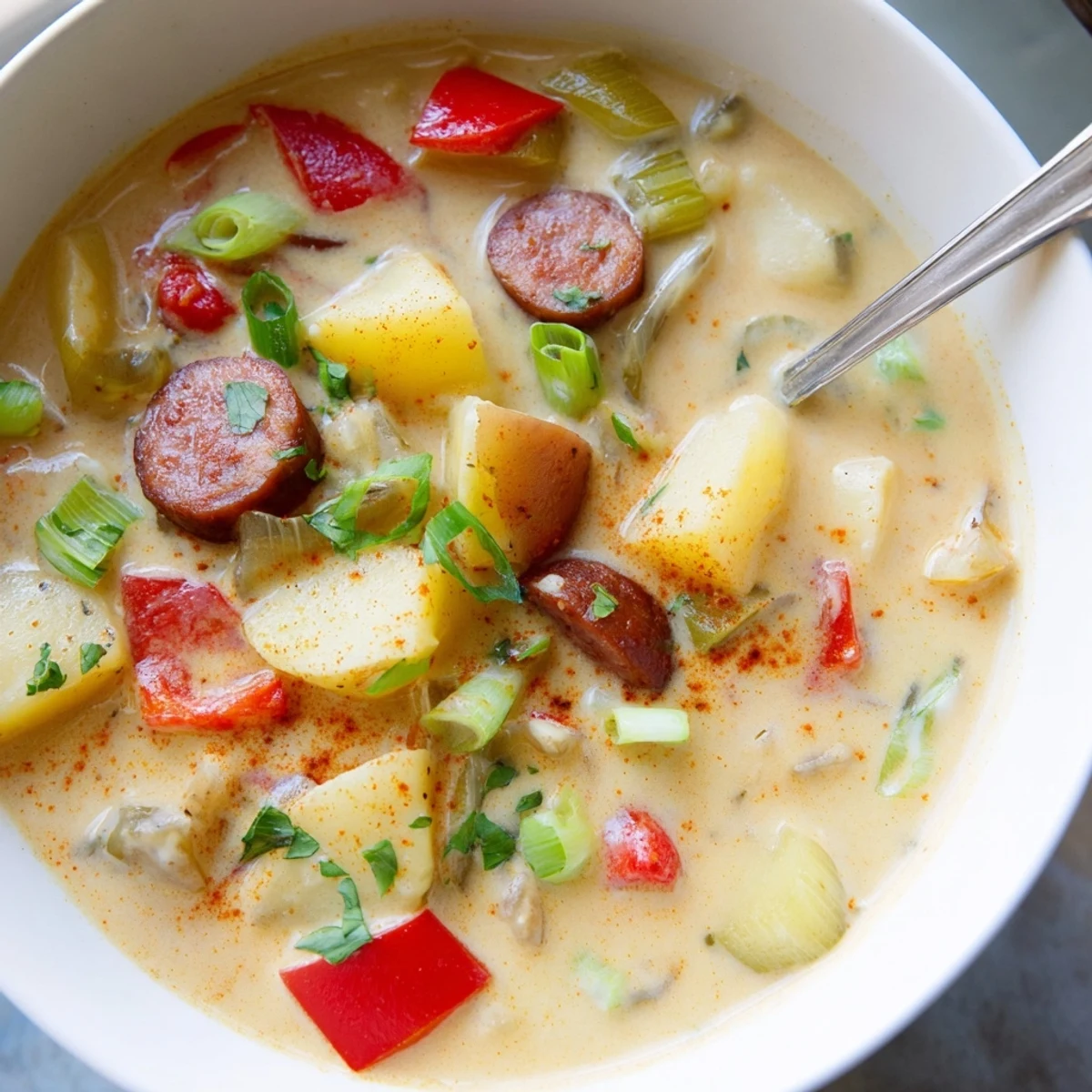 Steaming bowl of spicy Cajun potato soup featuring tender potatoes and creamy broth with parsley sprinkle