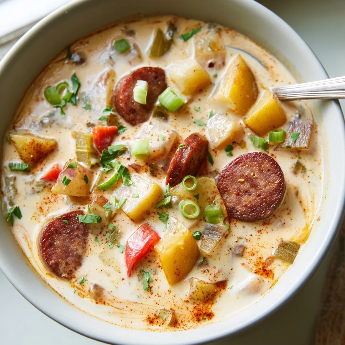Rustic pot of hearty Cajun potato soup simmering with smoked sausage and colorful diced vegetables