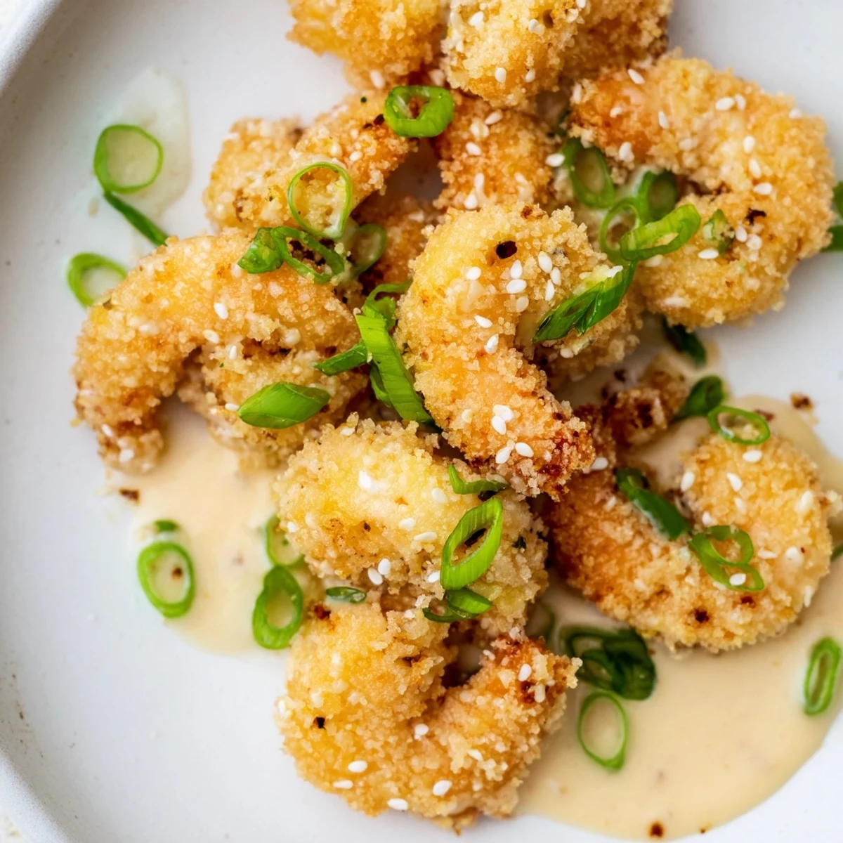 Golden crispy Bang Bang Shrimp drizzled with creamy spicy sauce and garnished with fresh green onions