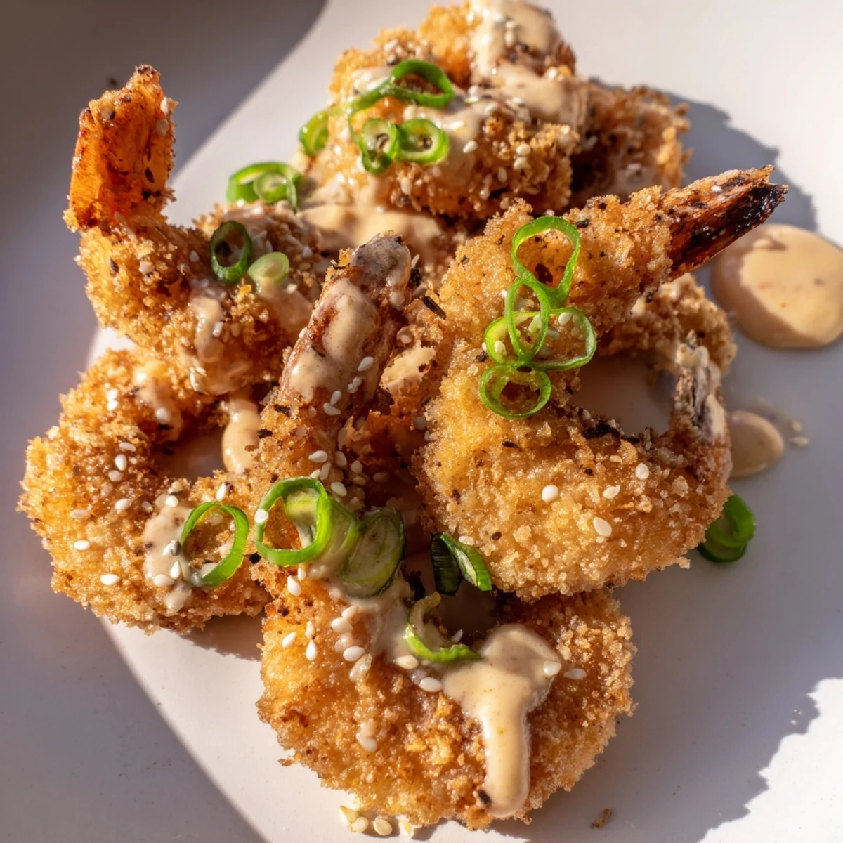 Plate of Bang Bang Shrimp appetizer coated in sweet chili mayonnaise sauce and toasted sesame seeds