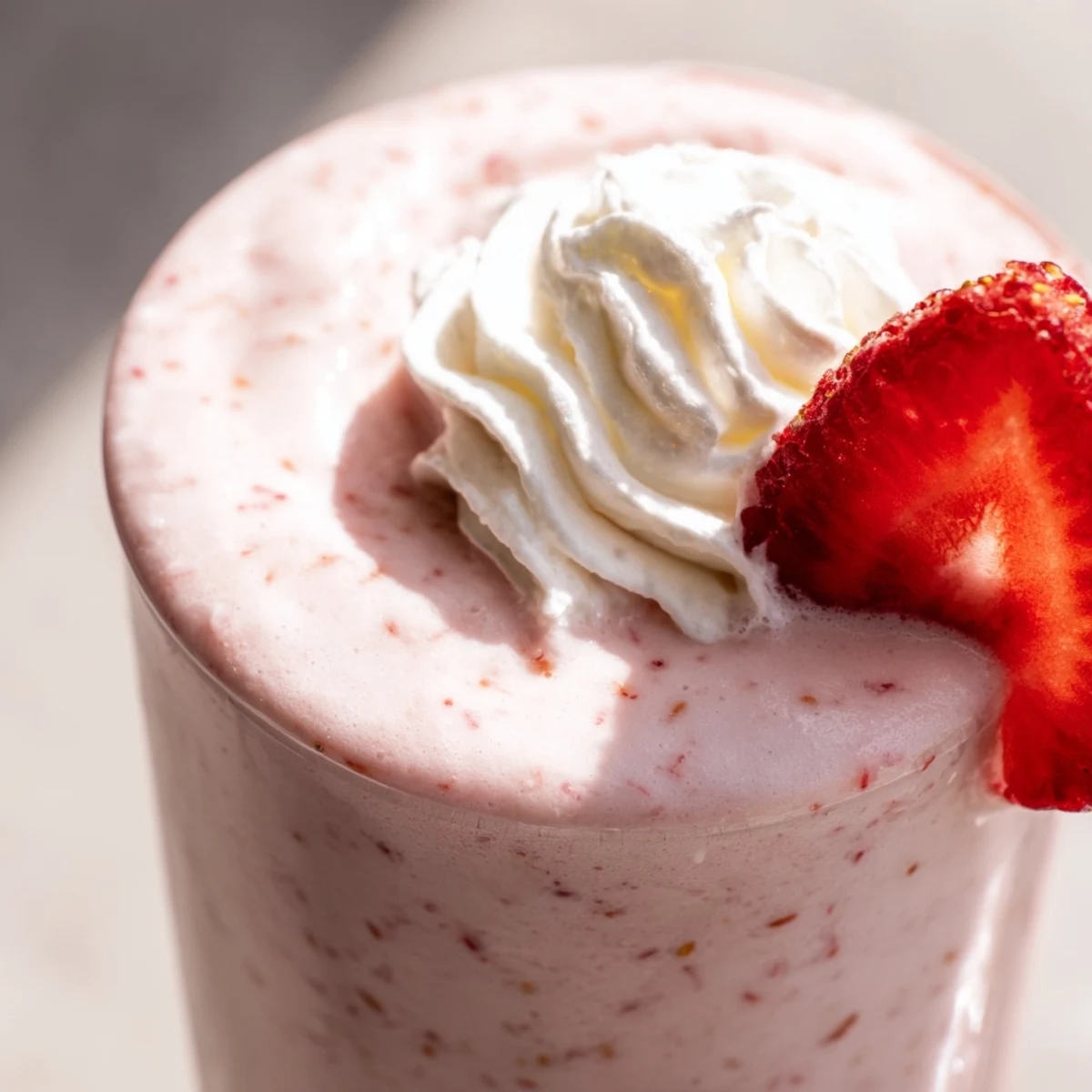 Frosty pink refreshing strawberry cream frappuccino garnished with fresh strawberry slices on ice