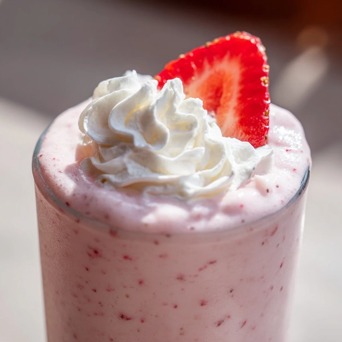Tall glass filled with refreshing strawberry cream frappuccino topped with whipped cream