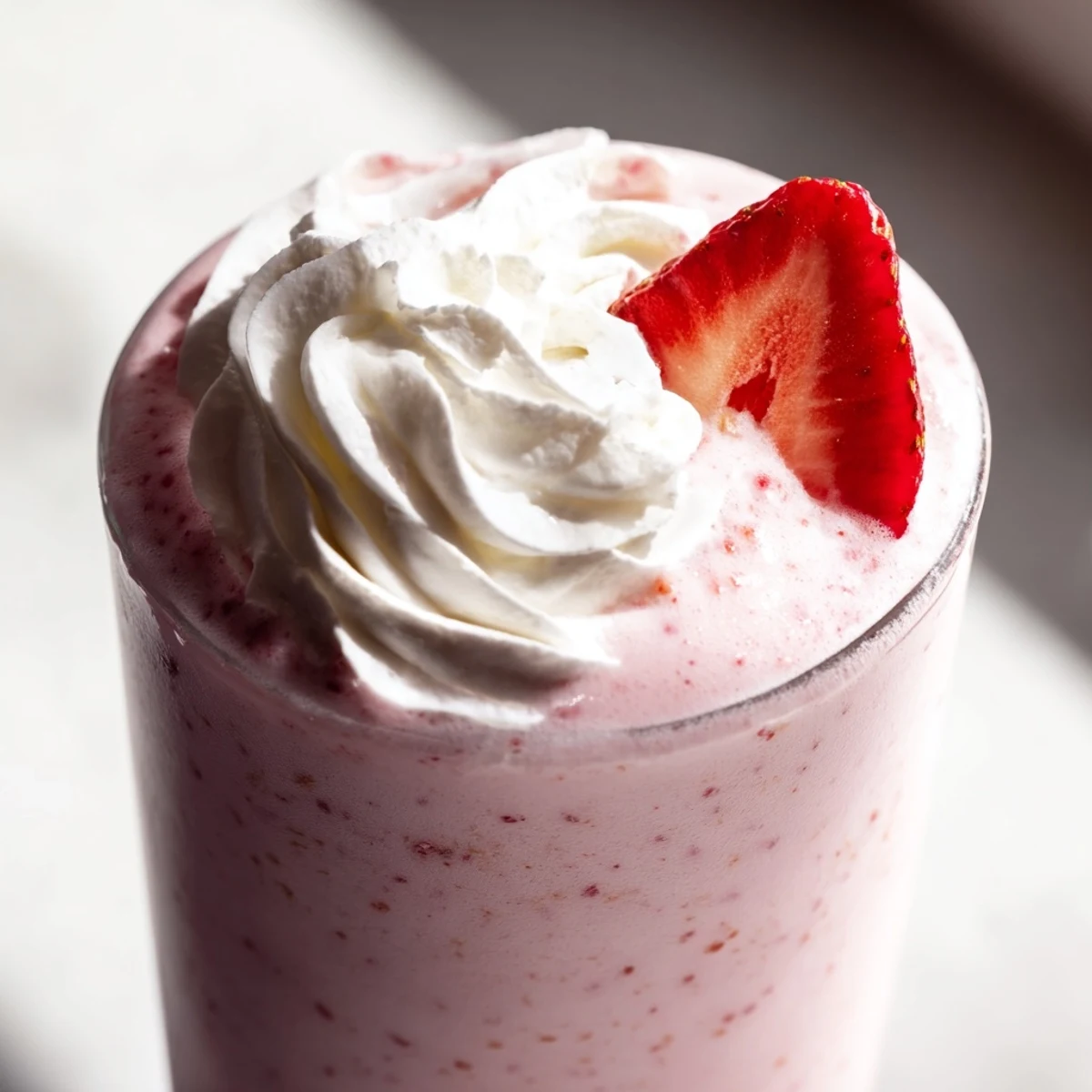 Blended refreshing strawberry cream frappuccino showing thick creamy texture with strawberry garnish