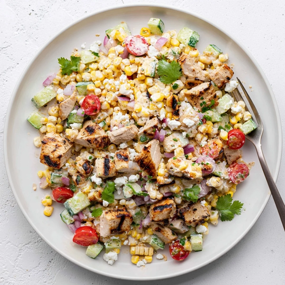 Fresh street corn creamy cucumber chicken salad topped with crumbled cotija and cilantro in a white bowl