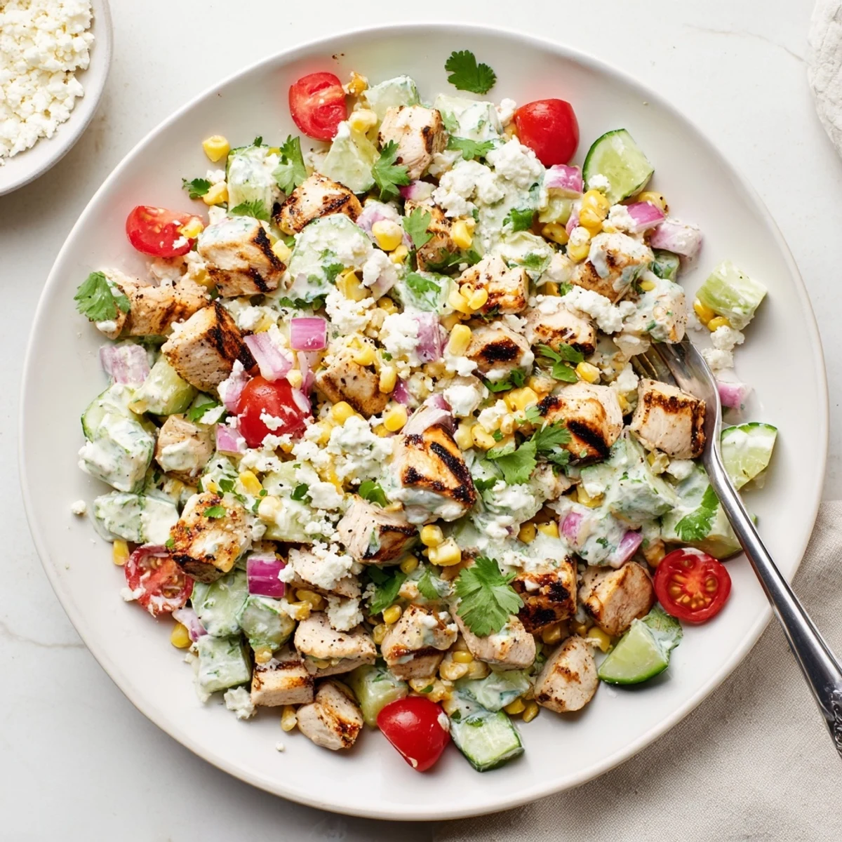 Grilled chicken street corn salad with crisp cucumbers and tangy creamy dressing on a rustic wooden table