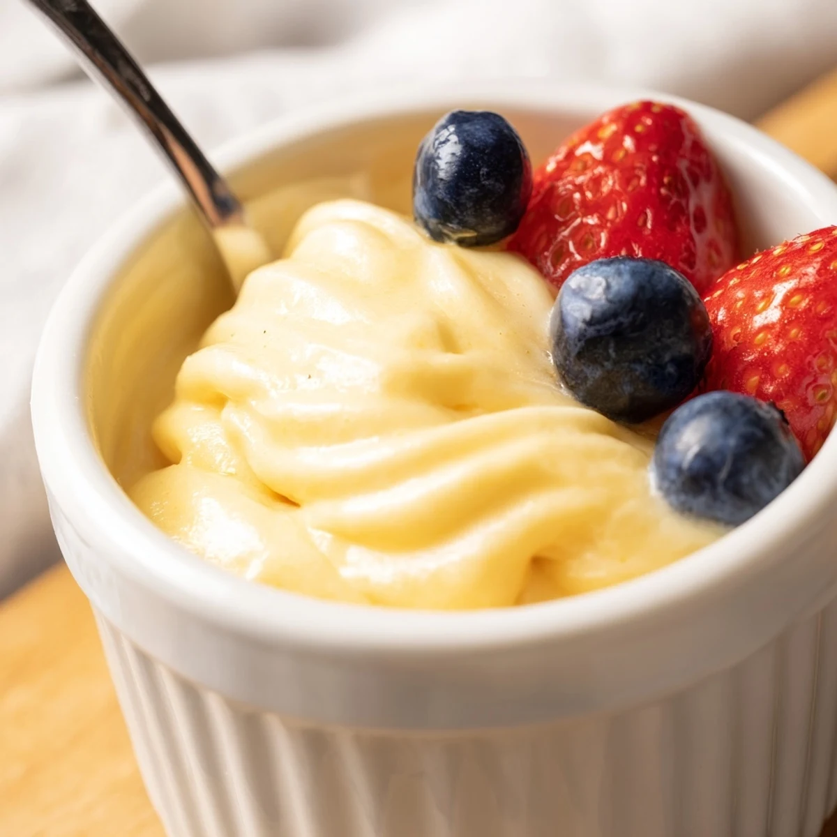 Whisked egg yolk and Marsala wine zabaglione dessert poured into delicate serving cups