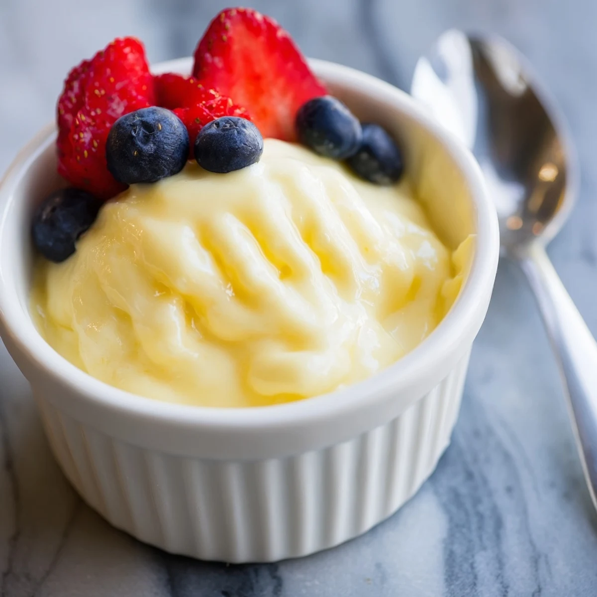 Silky smooth zabaglione custard recipe garnished with ripe strawberries and crisp ladyfingers
