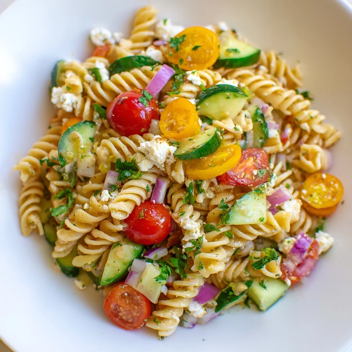 Colorful lemon pasta salad bowl featuring fusilli, cherry tomatoes, cucumber, and fresh herbs in a tangy citrus dressing