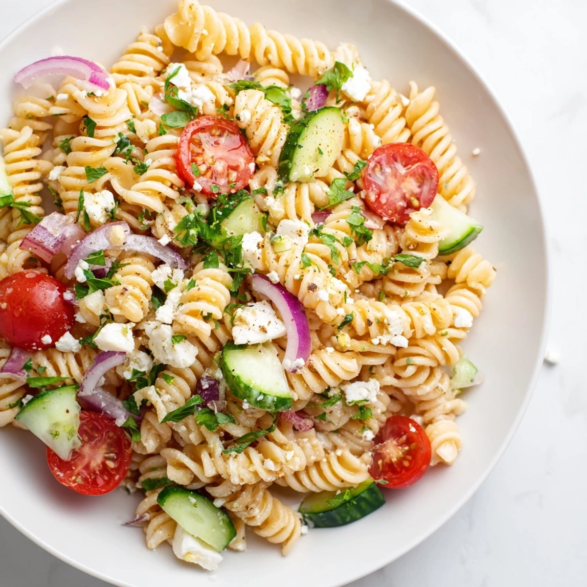 Fresh lemon pasta salad mounded in a white serving bowl with vibrant diced vegetables and crumbled feta cheese topping