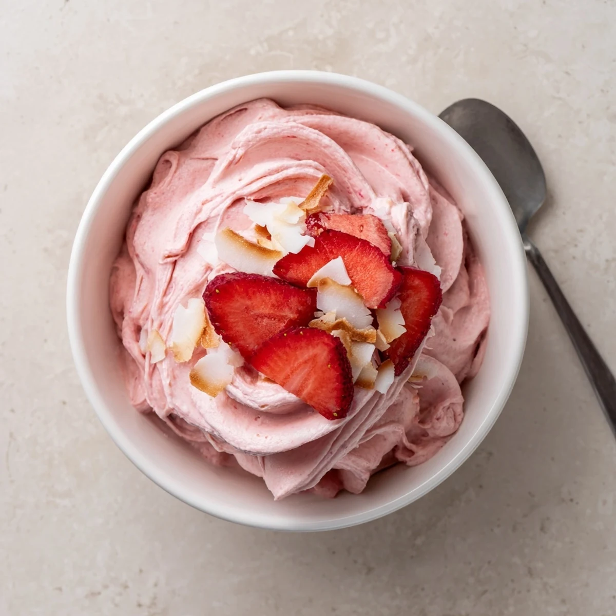 Swirled frozen strawberry Dole Whip delight served in a bowl topped with fresh strawberries