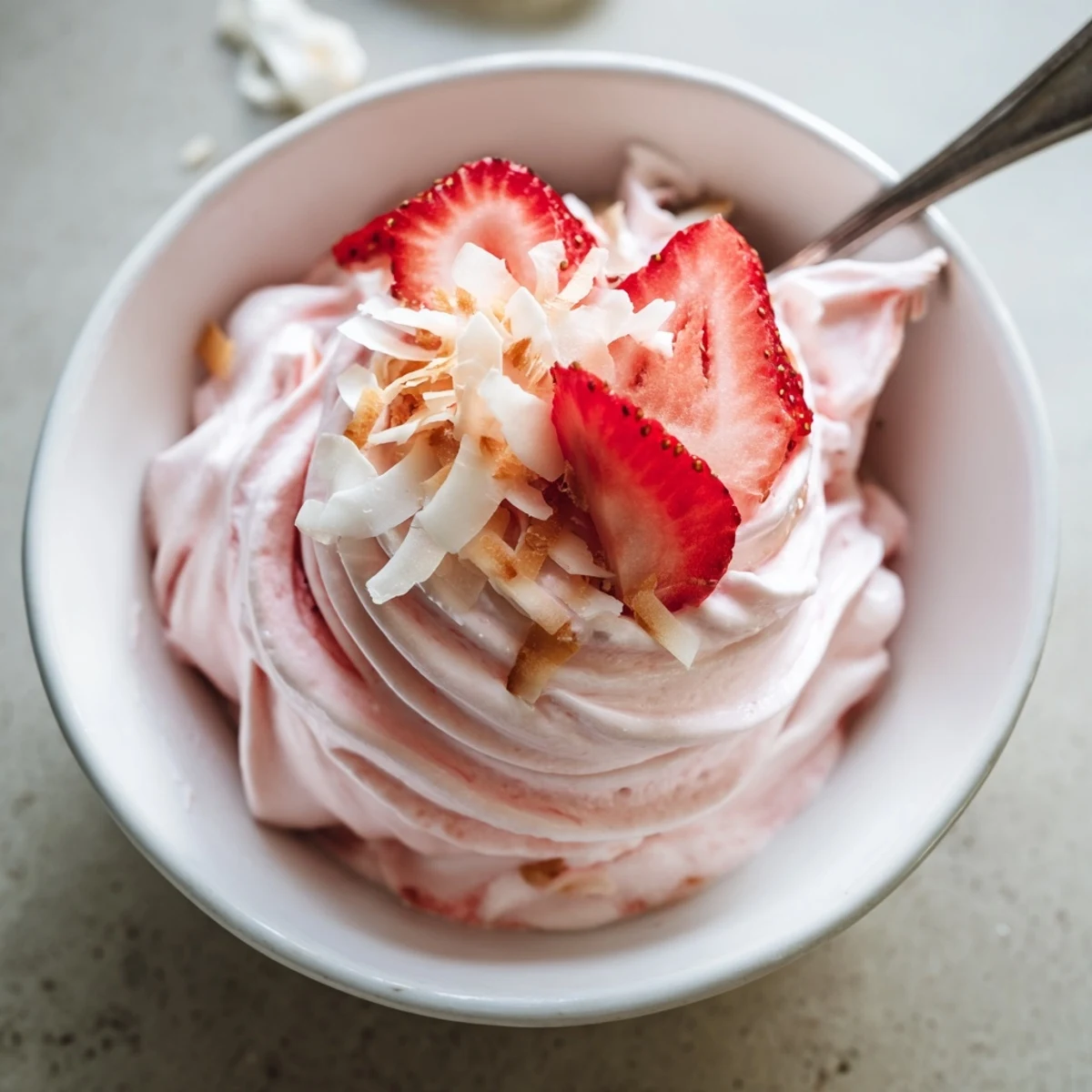Vegan frozen strawberry Dole Whip delight with pink swirls garnished with lemon wedge and mint