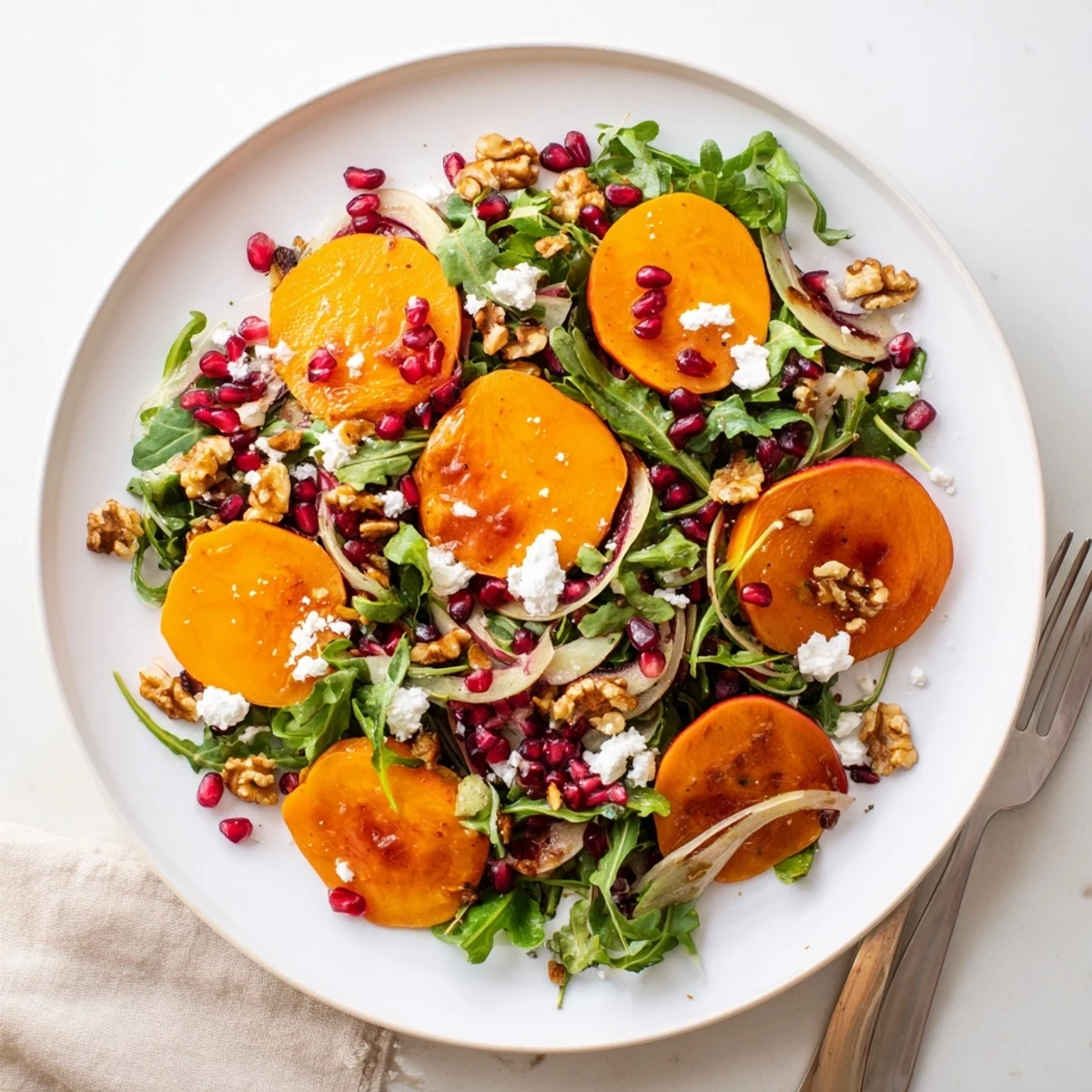 Fresh persimmon salad with apple cider vinaigrette featuring ripe orange slices, peppery arugula, and crumbled goat cheese