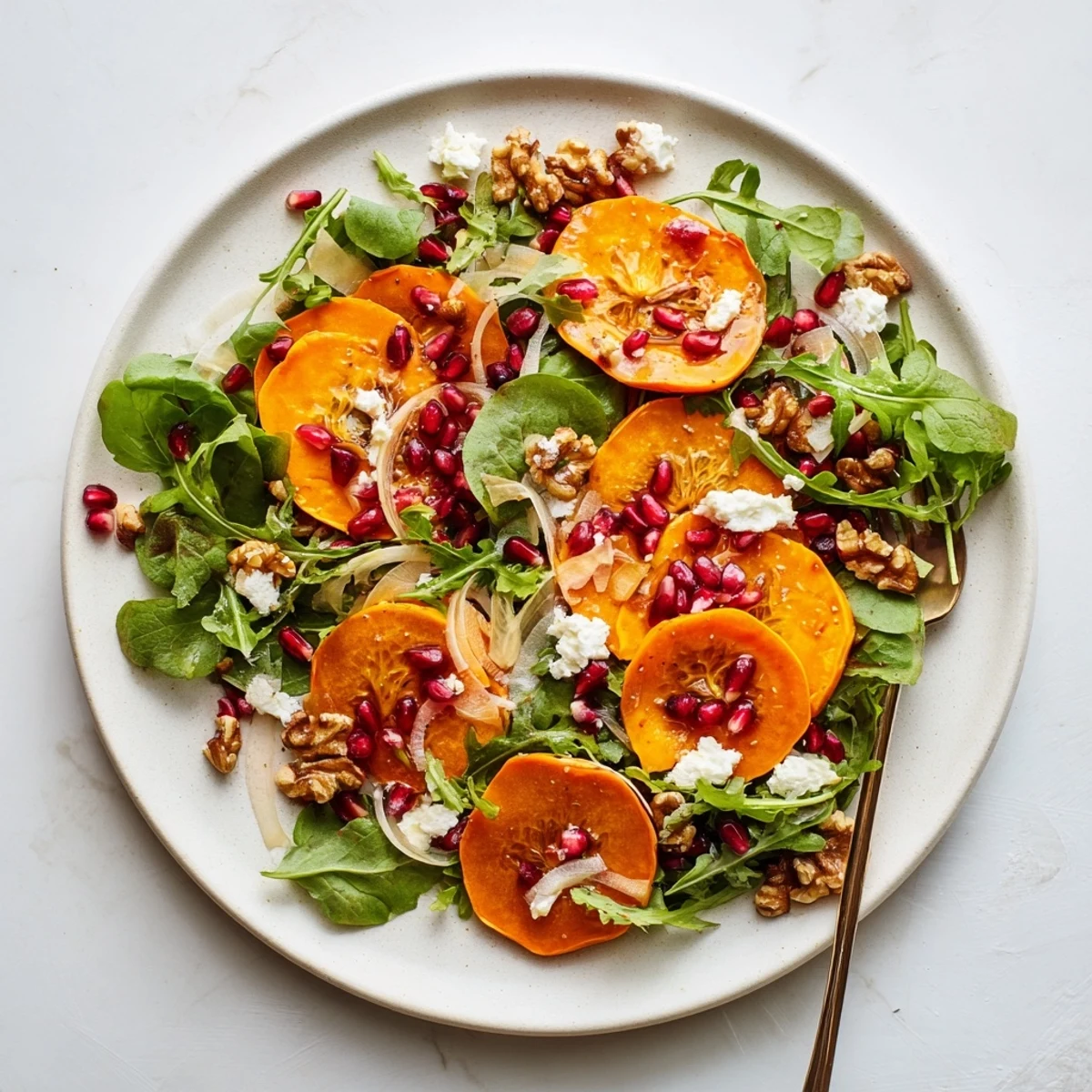 Vibrant fall persimmon salad with apple cider vinaigrette topped with fennel, pomegranate, and creamy goat cheese crumbles