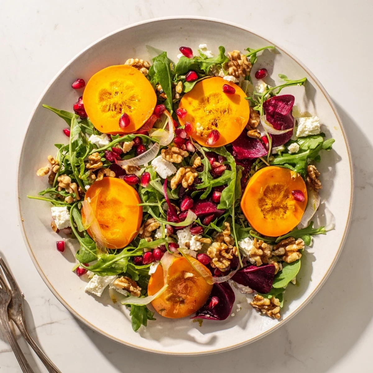 Colorful bowl of persimmon salad dressed in tangy apple cider vinaigrette with pomegranate seeds and toasted walnuts
