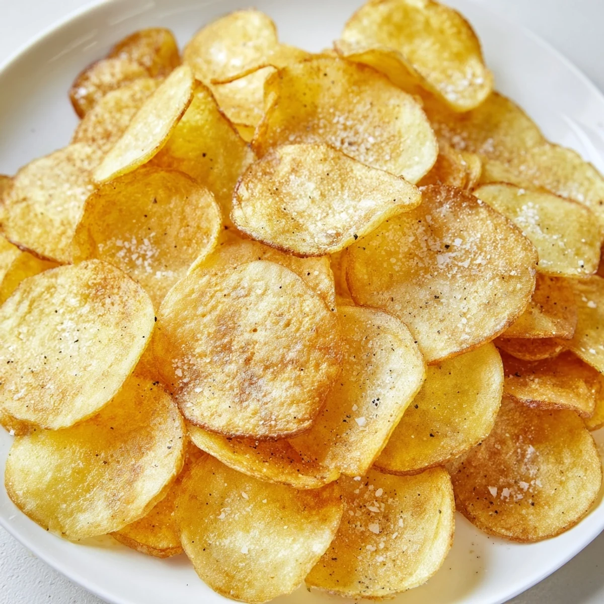 Golden crispy homemade potato chips piled high on a white serving plate, lightly dusted with sea salt.