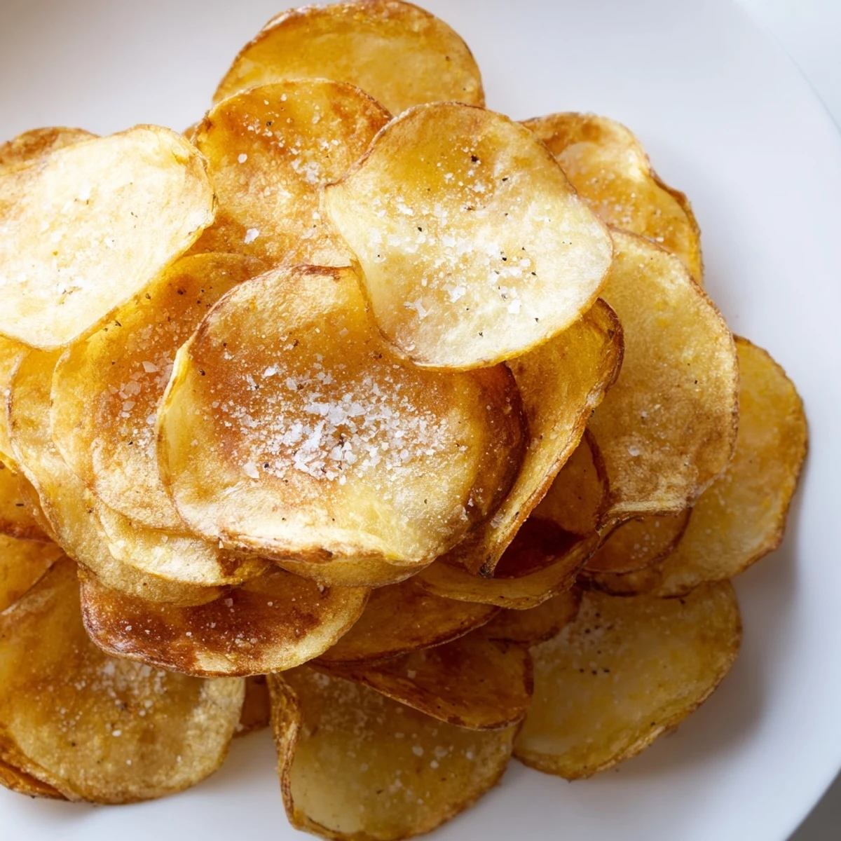 Bowl of ultra-crispy homemade potato chips with golden edges, perfectly seasoned and ready for snacking.