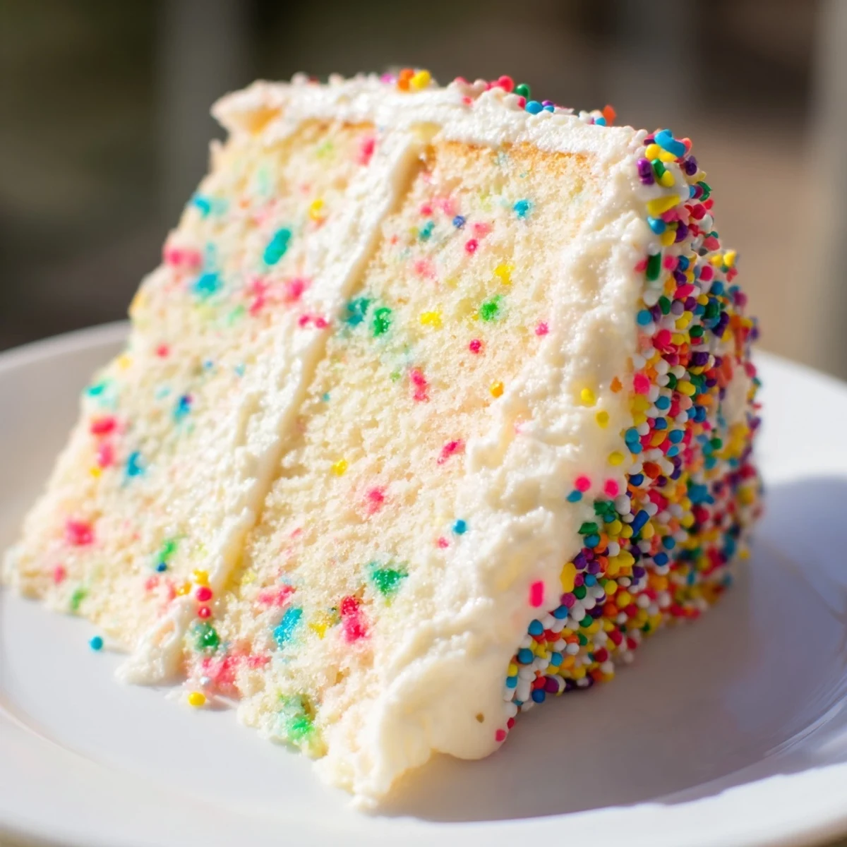 Slice of fluffy confetti cake topped with creamy vanilla buttercream and colorful rainbow sprinkles
